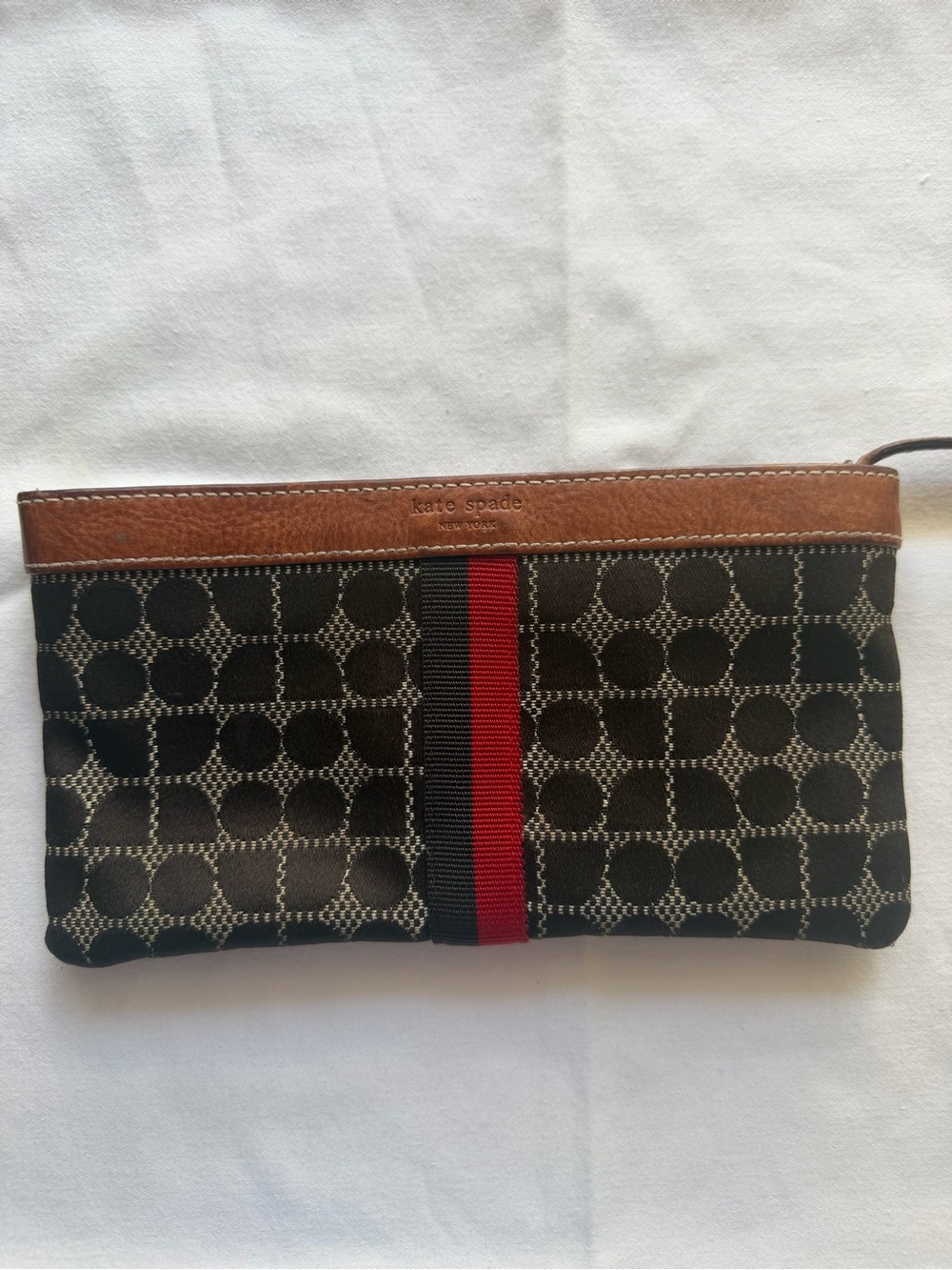 kate spade Black and Brown Canvas Toiletry Pouch with Red Center Stripe